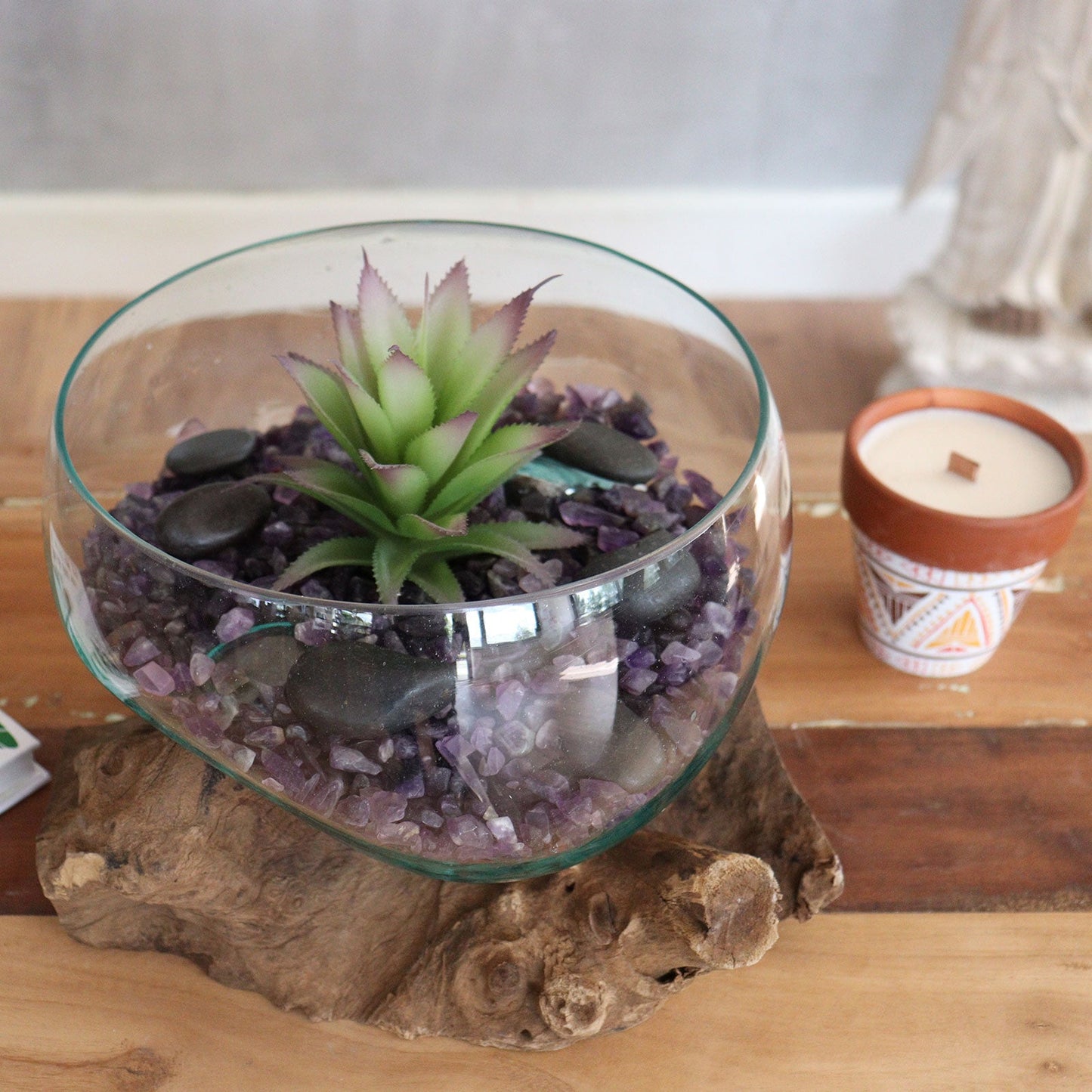Recycled Glass Bowl & Vase on Wood - Large Round - Clear/Blue with purple stones and a green succulent on a textured wood base by Quintessential Holistic Health Ltd