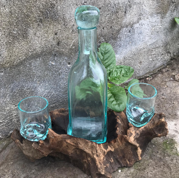 500ml Handmade Molten Recycled Glass Spirit Decanter Set on Wood - Clear / Light Blue product packaging on clean background from Quintessential Holistic Health Ltd