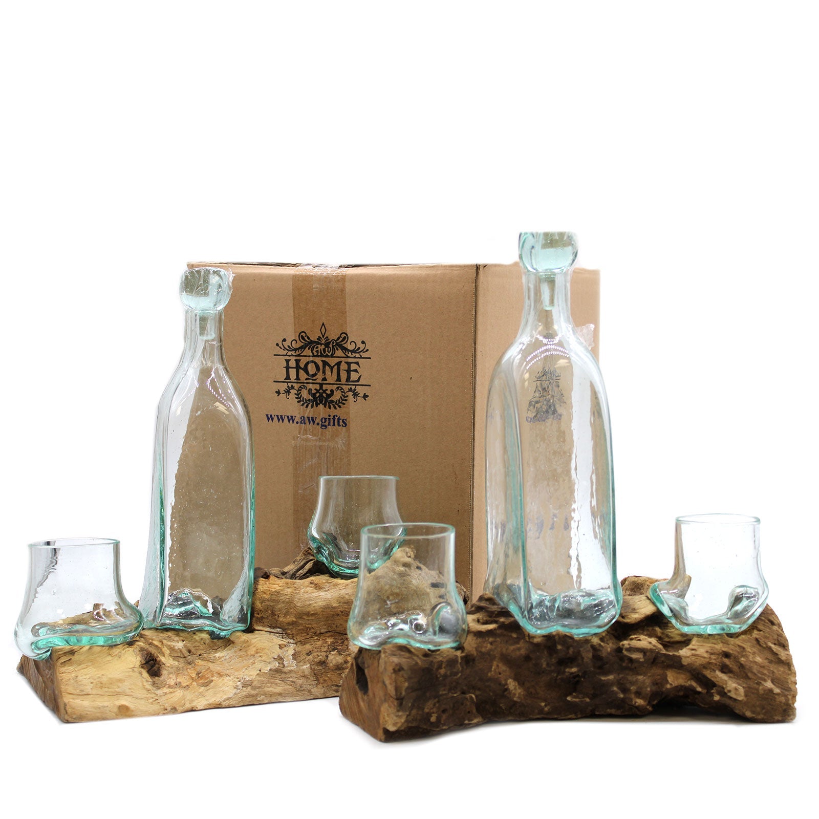 500ml Handmade Molten Recycled Glass Spirit Decanter Set on Wood - Clear / Light Blue product packaging on clean background from Quintessential Holistic Health Ltd