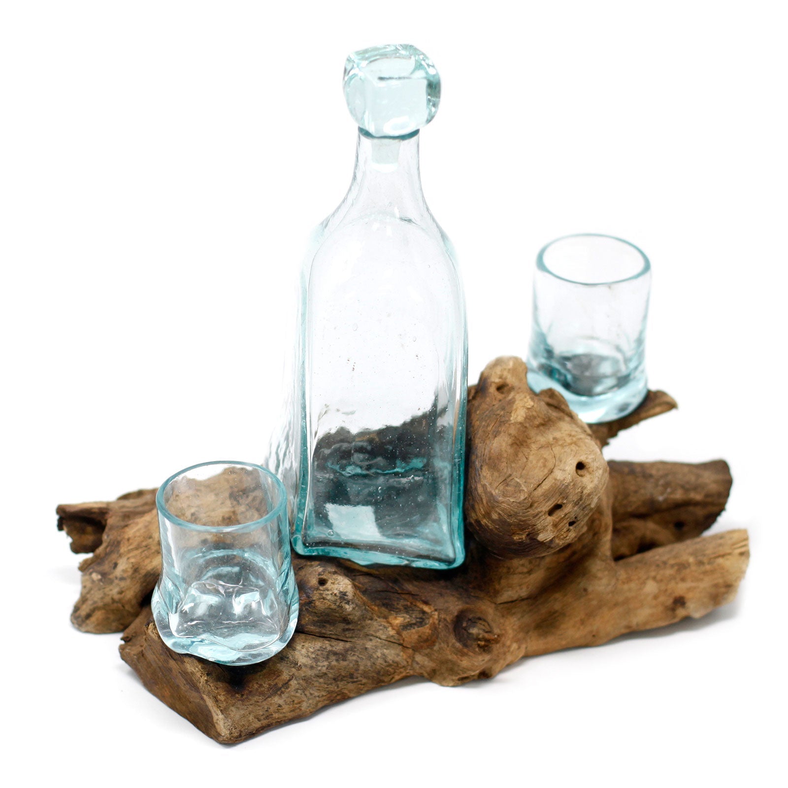 500ml Handmade Molten Recycled Glass Spirit Decanter Set on Wood - Clear / Light Blue product packaging on clean background from Quintessential Holistic Health Ltd