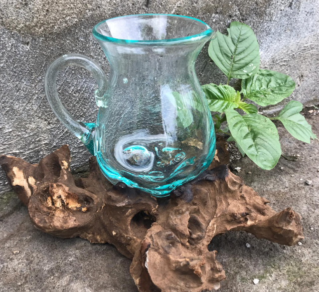 600ml Handmade Molten Recycled Glass Jug on Wood - Clear / Light Blue product packaging on clean background from Quintessential Holistic Health Ltd