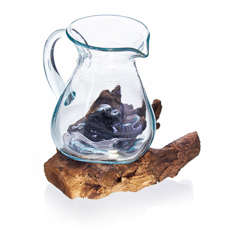 600ml Handmade Molten Recycled Glass Jug on Wood - Clear / Light Blue product packaging on clean background from Quintessential Holistic Health Ltd