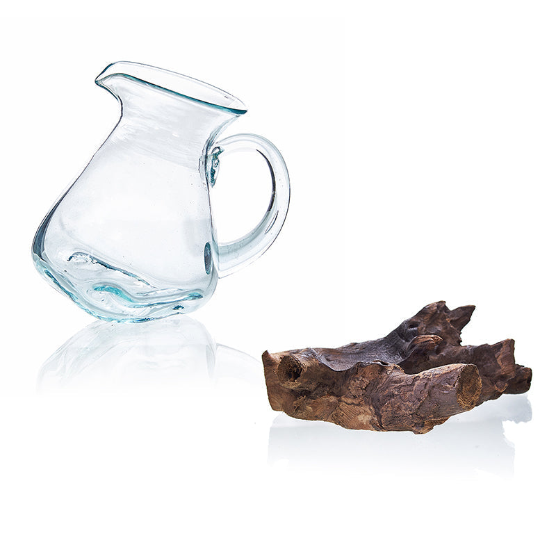 600ml Handmade Molten Recycled Glass Jug on Wood - Clear / Light Blue product packaging on clean background from Quintessential Holistic Health Ltd