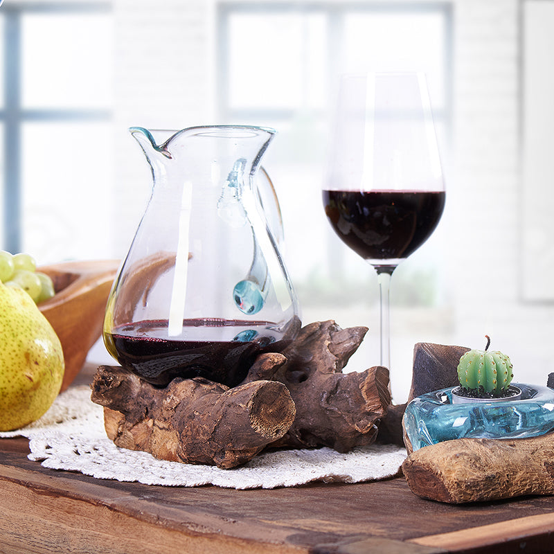 600ml Handmade Molten Recycled Glass Jug on Wood - Clear / Light Blue product packaging on clean background from Quintessential Holistic Health Ltd