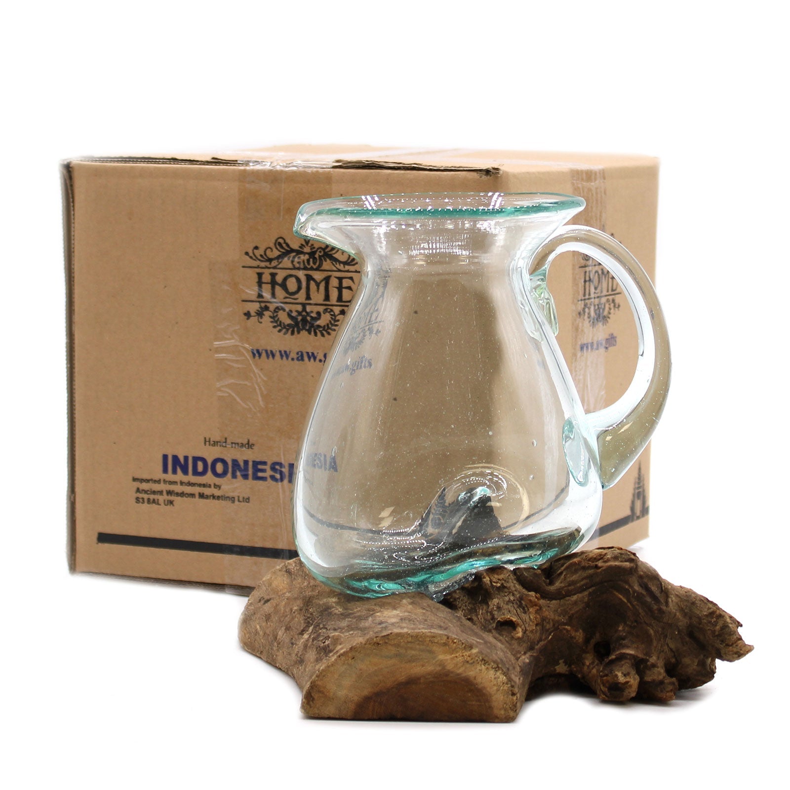 600ml Handmade Molten Recycled Glass Jug on Wood - Clear / Light Blue product packaging on clean background from Quintessential Holistic Health Ltd