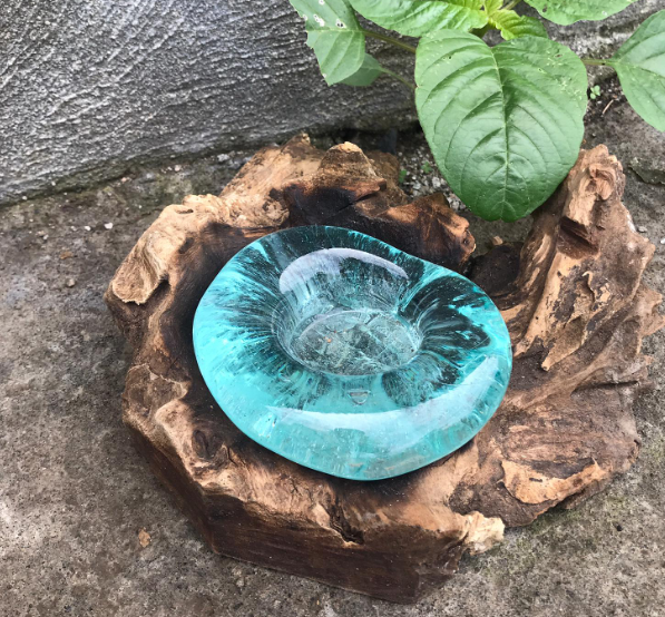 Recycled Glass Candle Holder on Wood - Single Round - Blue with a round aqua glass cup set into weathered wood by Quintessential Holistic Health Ltd