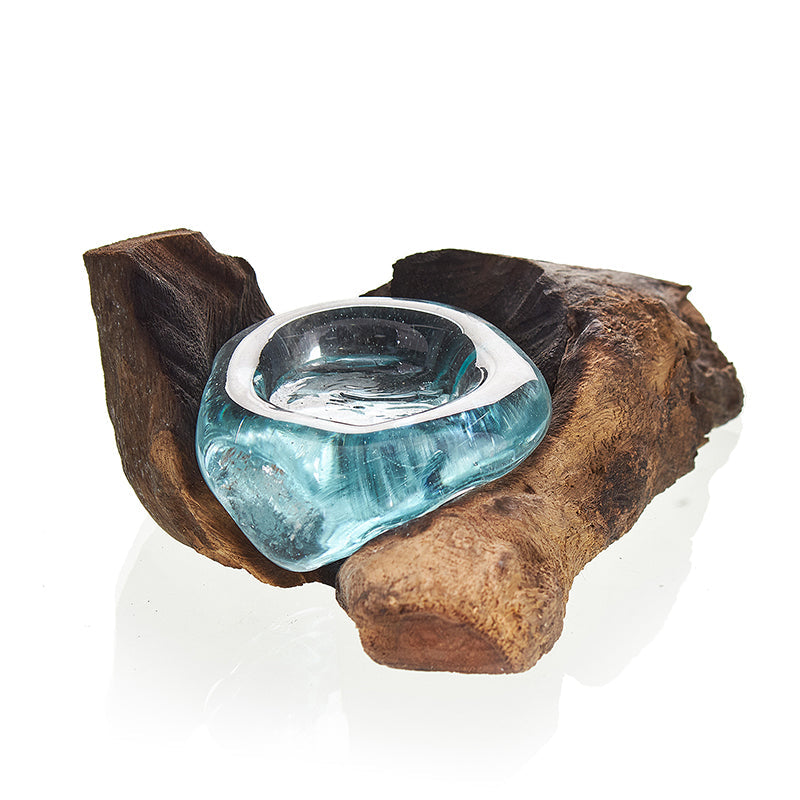 Recycled Glass Candle Holder on Wood - Single Round - Blue with a round aqua glass cup nestled in branching dark wood by Quintessential Holistic Health Ltd