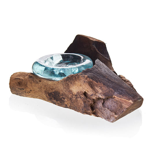 Handmade Molten Recycled Glass Candle Holder on Wood - Single - Round - Clear and Light Blue - main product image from Quintessential Holistic Health Ltd UK