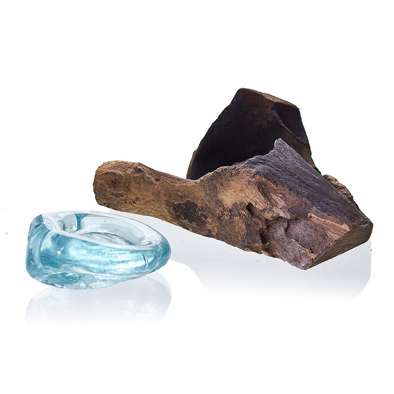 Recycled Glass Candle Holder on Wood - Single Round - Blue, with the shallow glass cup separated from its dark wood base by Quintessential Holistic Health Ltd