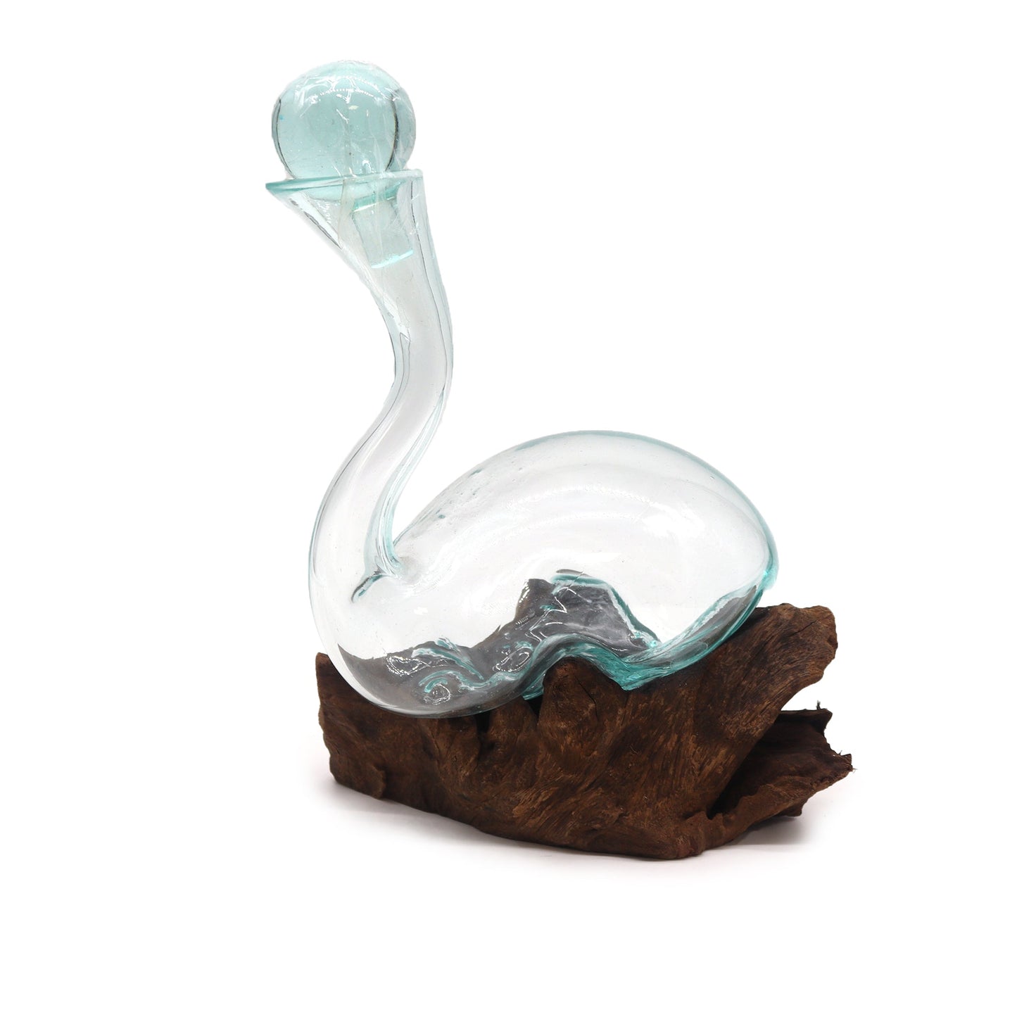 1 Litre Handmade Molten Recycled Glass Duck Shaped Decanter on Wood - Large / Clear / Light Blue product packaging on clean background from Quintessential Holistic Health Ltd