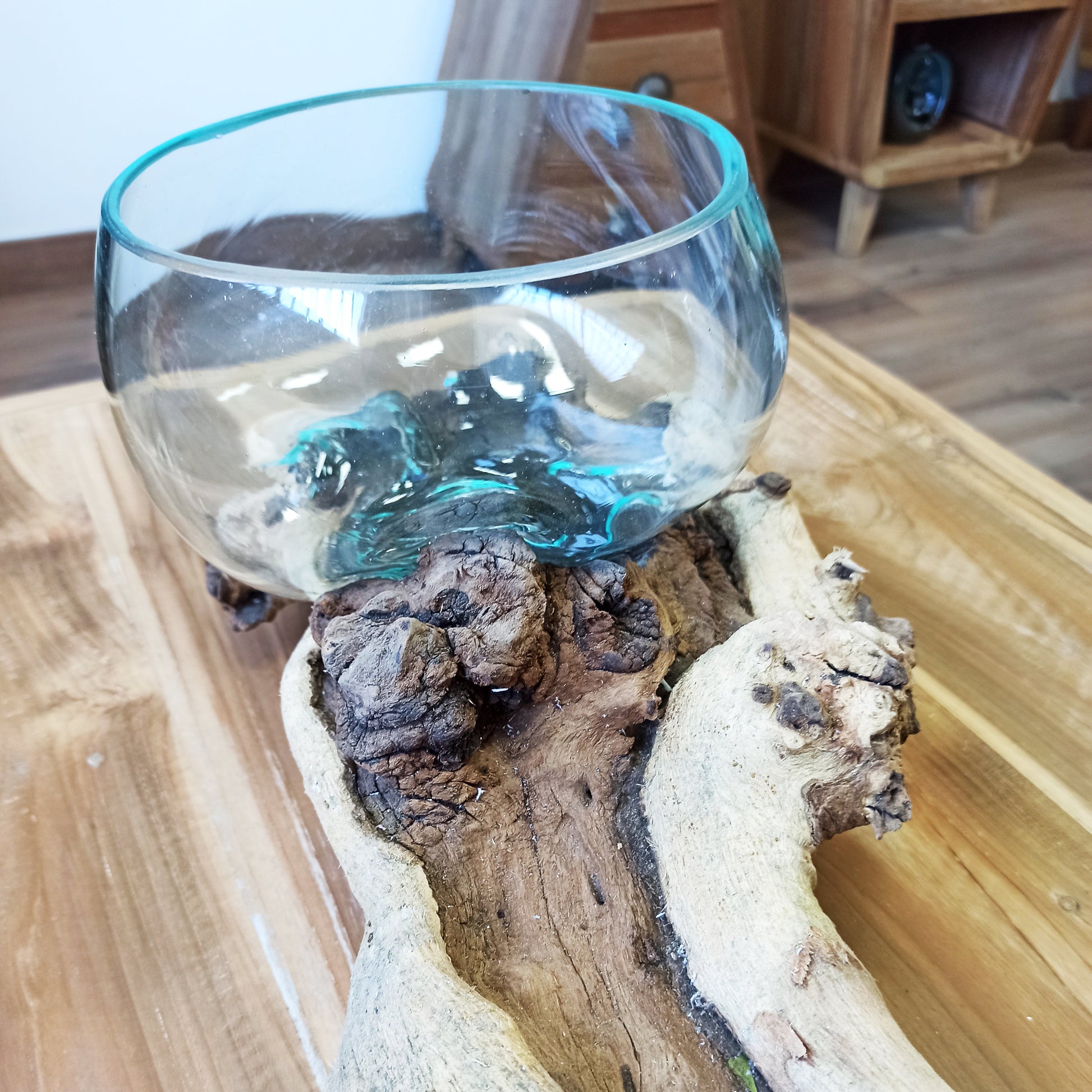 Recycled Glass Vase on Wood - Round - Clear and Light Blue, with a wide bowl fused to an elongated pale wood base by Quintessential Holistic Health Ltd
