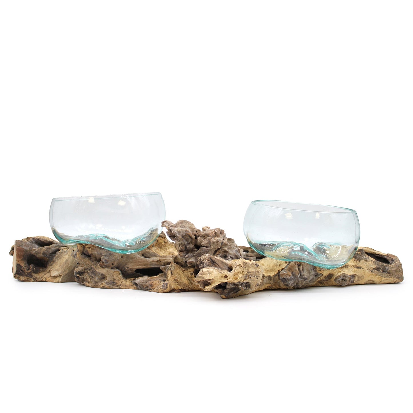Recycled Glass Vase on Wood - Round - Clear and Light Blue, with two shallow bowls spaced across a slender wood base by Quintessential Holistic Health Ltd