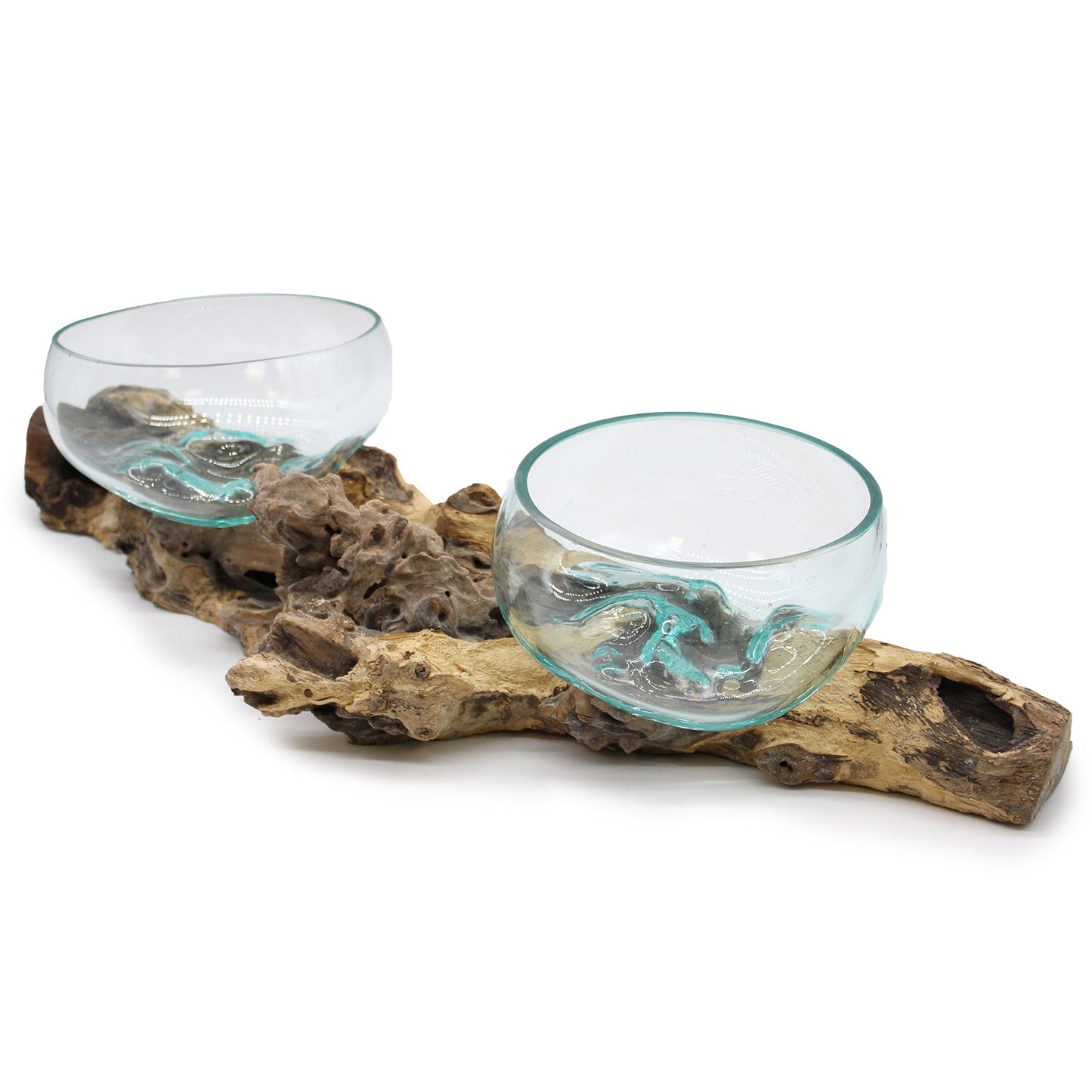 Recycled Glass Vase on Wood - Round - Clear and Light Blue with two differently sized bowls set along a long perforated wood base by Quintessential Holistic Health Ltd