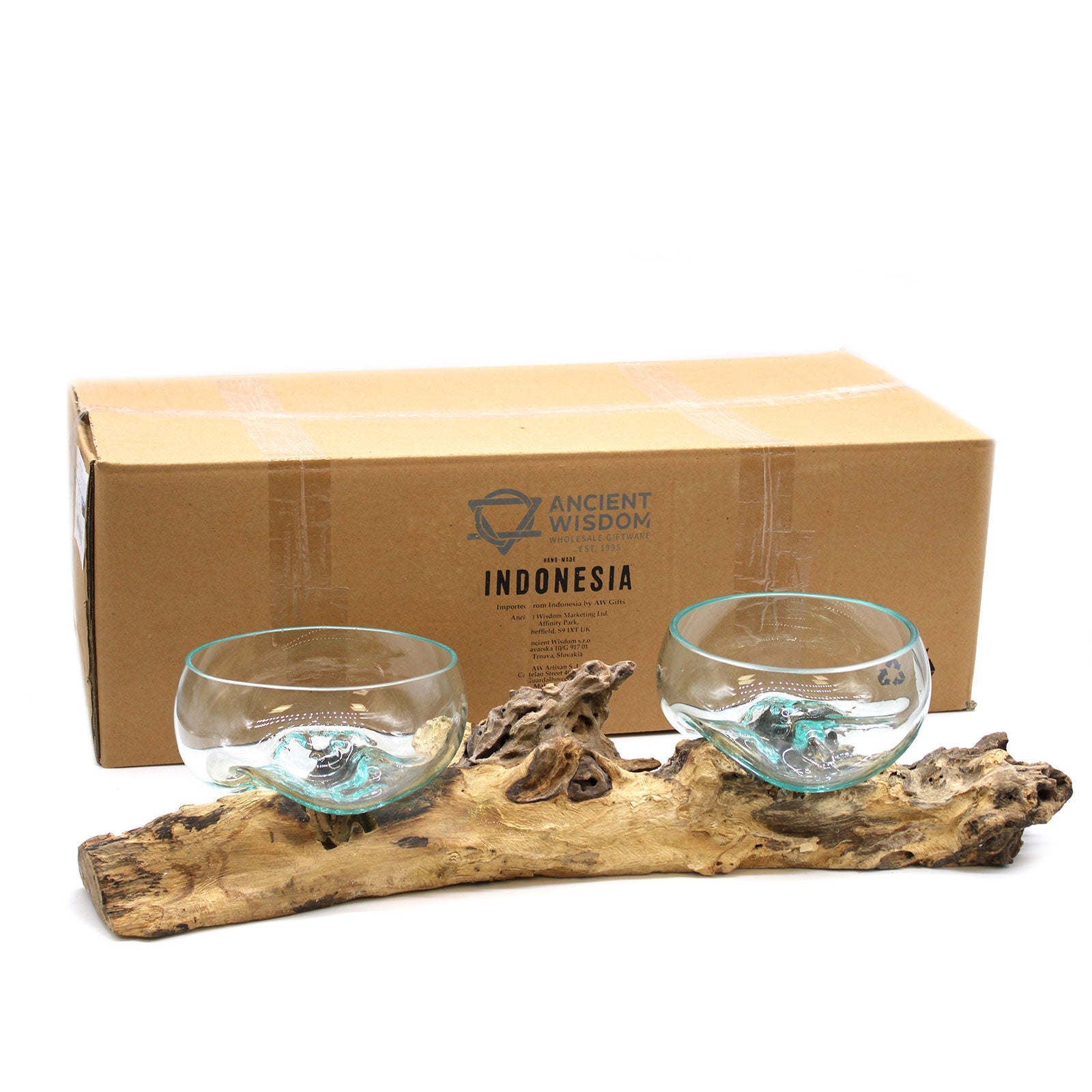 Recycled Glass Vase on Wood - Round - Clear and Light Blue, with two compact bowls on a narrow branching wood base by Quintessential Holistic Health Ltd