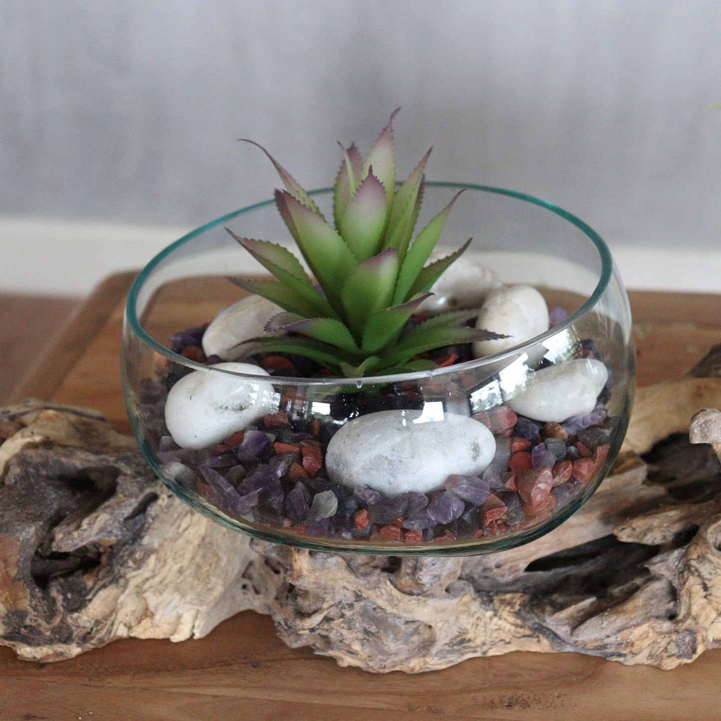 Recycled Glass Vase on Wood - Round - Clear and Light Blue, with a broad planted bowl resting on rugged wood by Quintessential Holistic Health Ltd