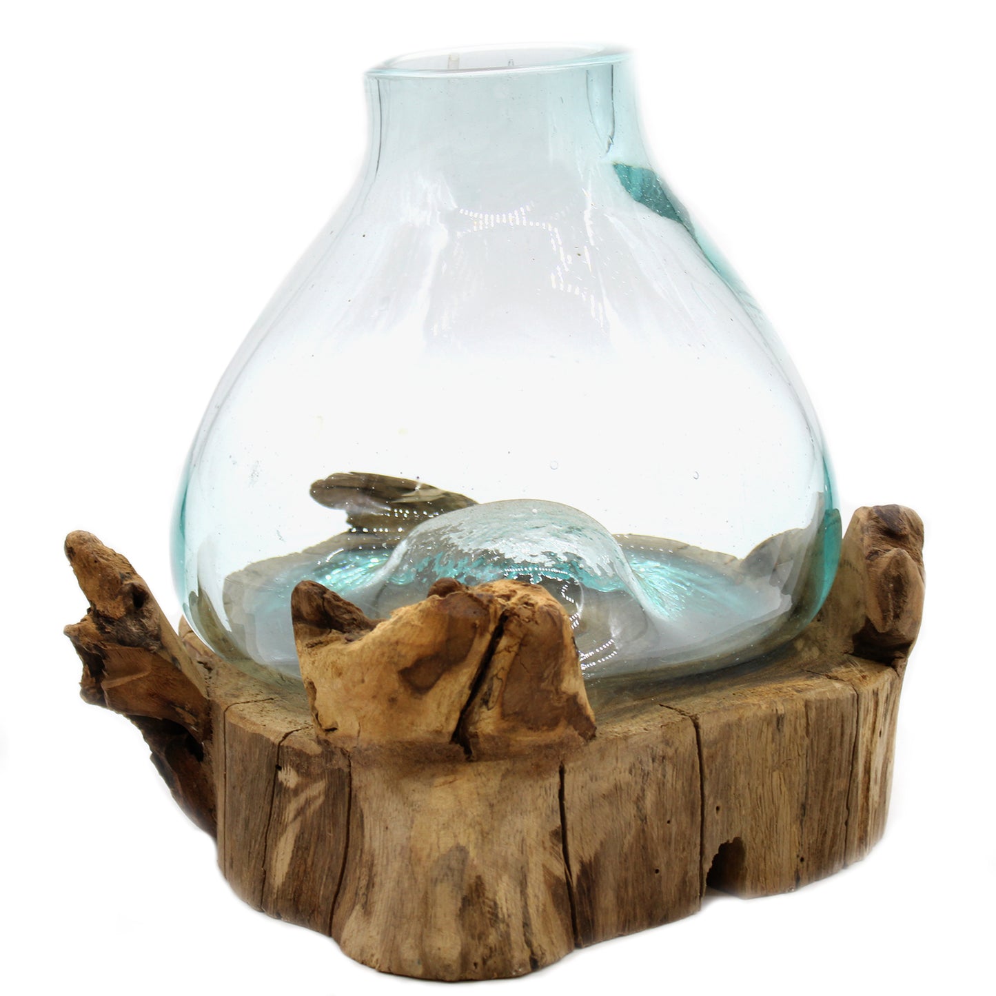 Handmade Molten Recycled Glass Vase with Light on Wood - Oval / Clear / Light Blue product packaging on clean background from Quintessential Holistic Health Ltd