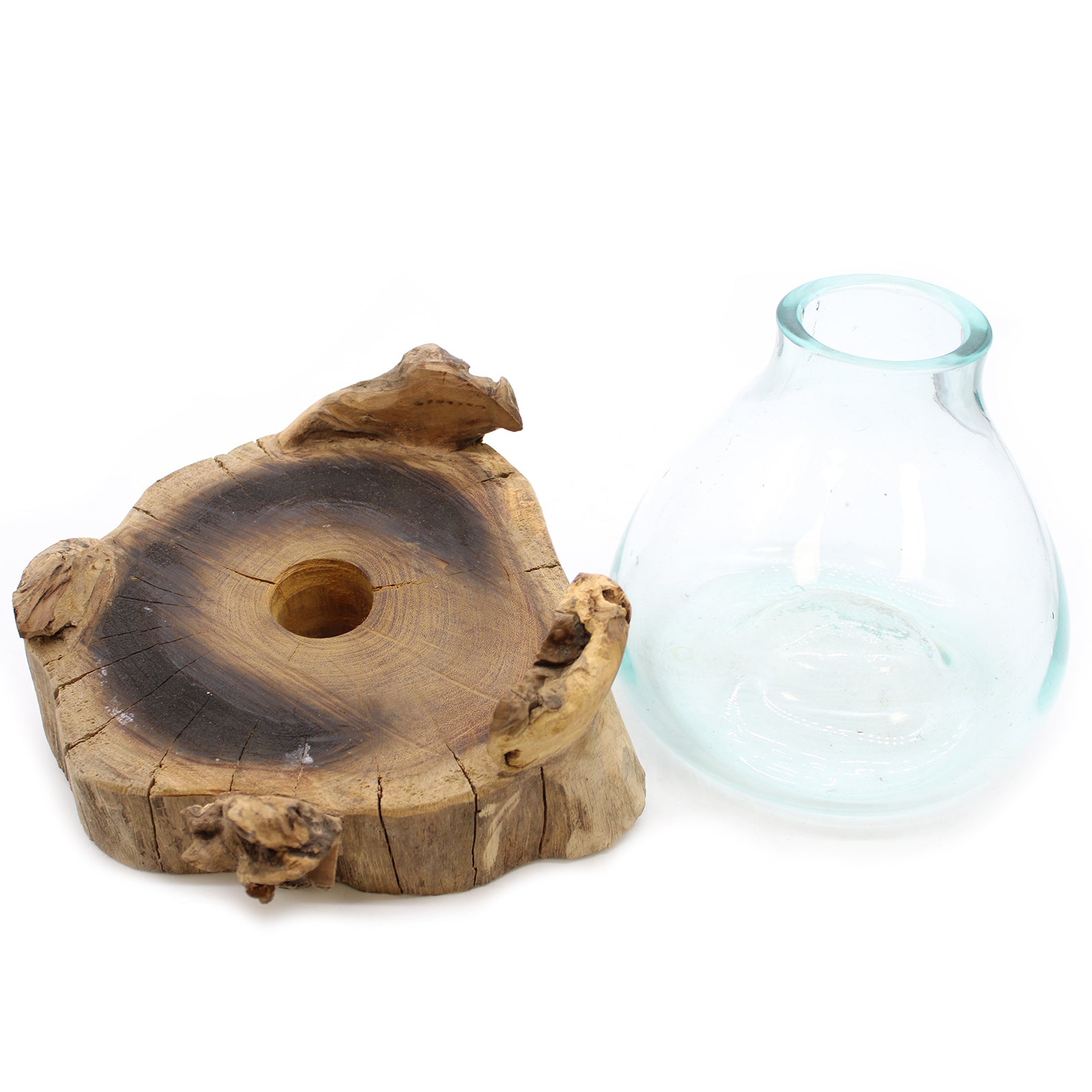 Handmade Molten Recycled Glass Vase with Light on Wood - Oval / Clear / Light Blue product packaging on clean background from Quintessential Holistic Health Ltd