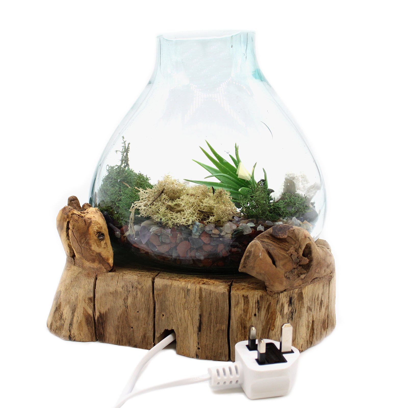 Handmade Molten Recycled Glass Vase with Light on Wood - Oval / Clear / Light Blue product packaging on clean background from Quintessential Holistic Health Ltd