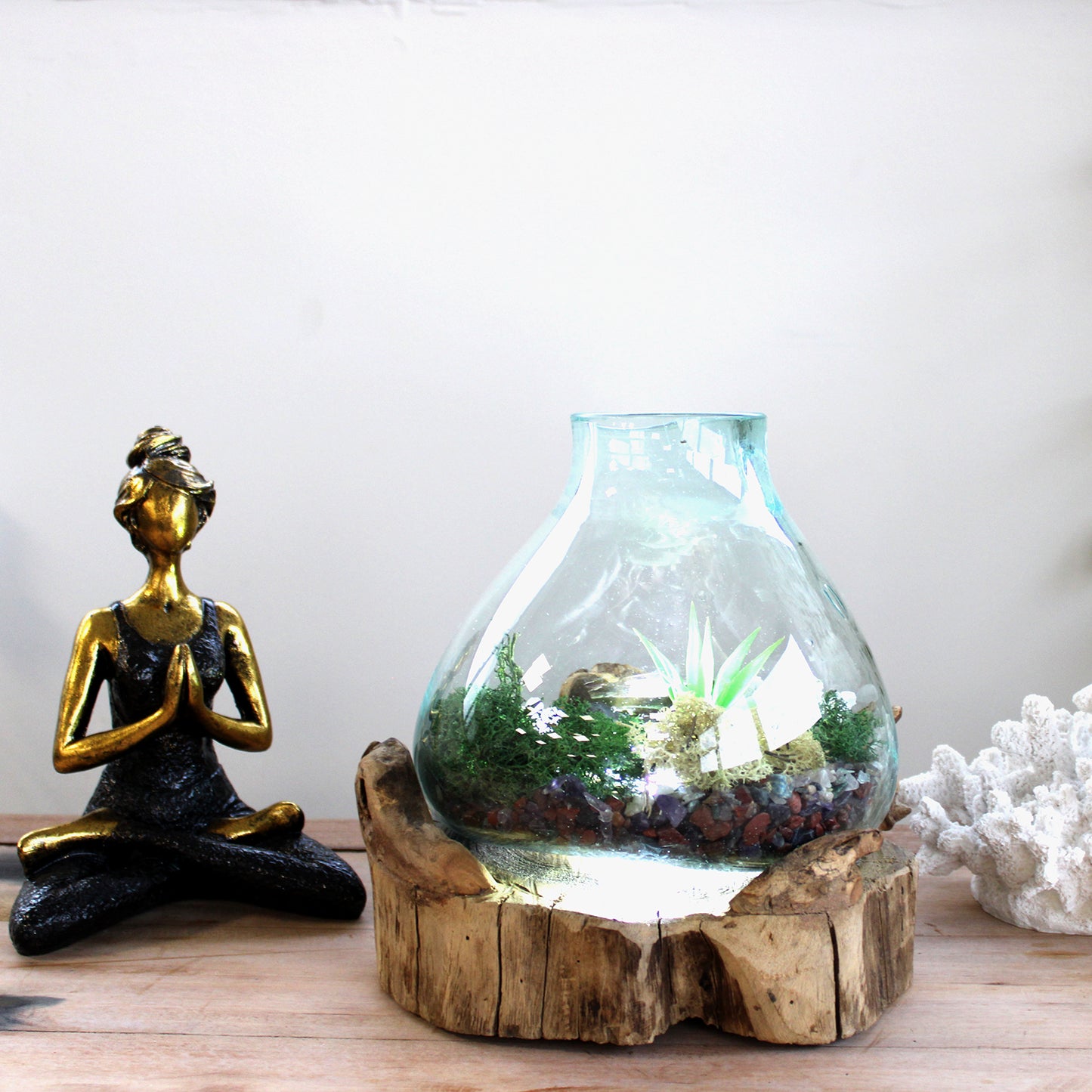 Handmade Molten Recycled Glass Vase with Light on Wood - Oval / Clear / Light Blue product packaging on clean background from Quintessential Holistic Health Ltd