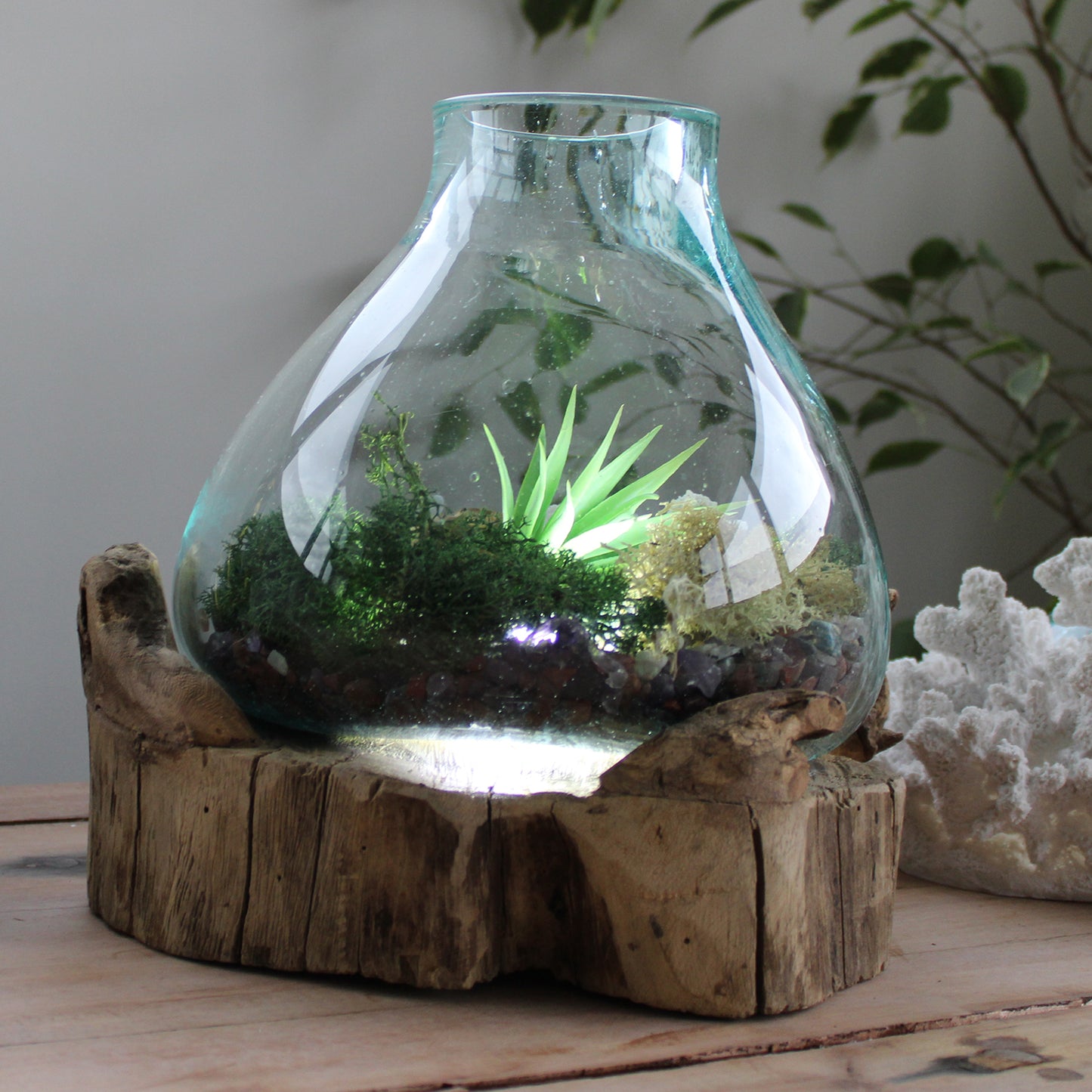 Handmade Molten Recycled Glass Vase with Light on Wood - Oval / Clear / Light Blue product packaging on clean background from Quintessential Holistic Health Ltd