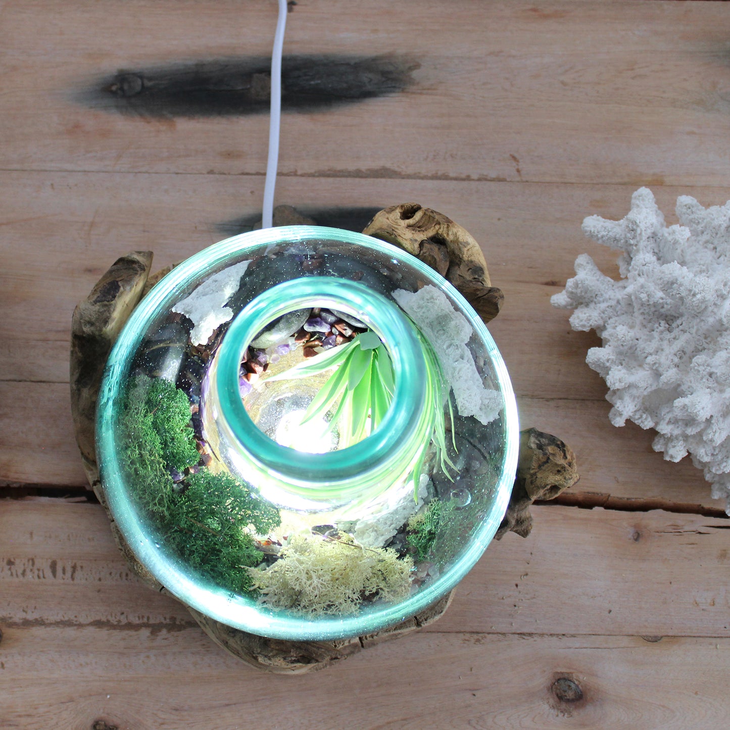Handmade Molten Recycled Glass Vase with Light on Wood - Oval / Clear / Light Blue product packaging on clean background from Quintessential Holistic Health Ltd