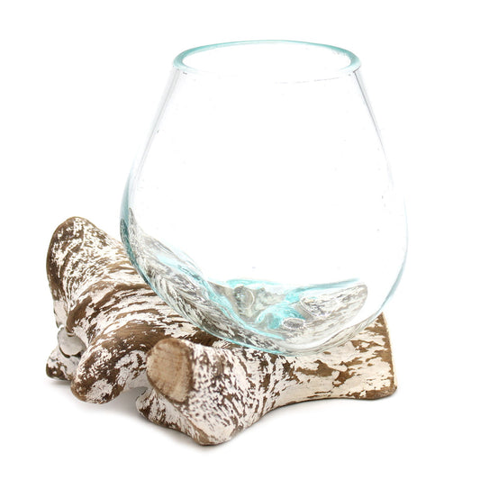 Handmade Molten Recycled Glass Vase on Wood - Small - Oval - Clear and Light Blue and Whitewash - main product image from Quintessential Holistic Health Ltd UK