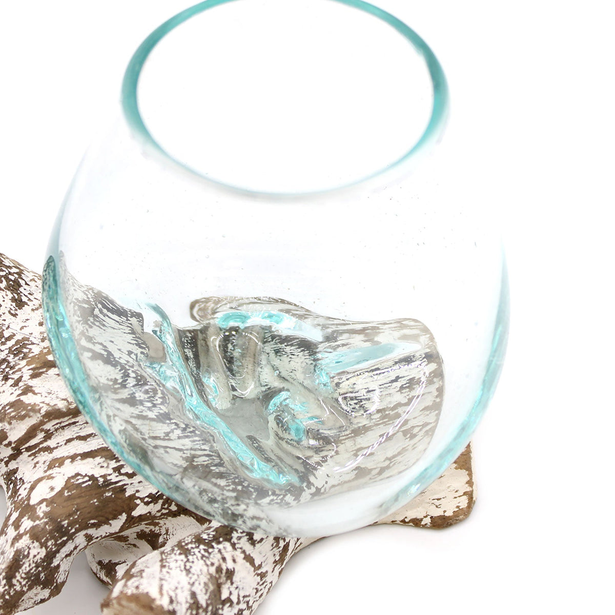 Recycled Glass Vase - Small Oval - Clear/Blue - Whitewash, close view of the thick aqua rim and rippled glass base by Quintessential Holistic Health Ltd