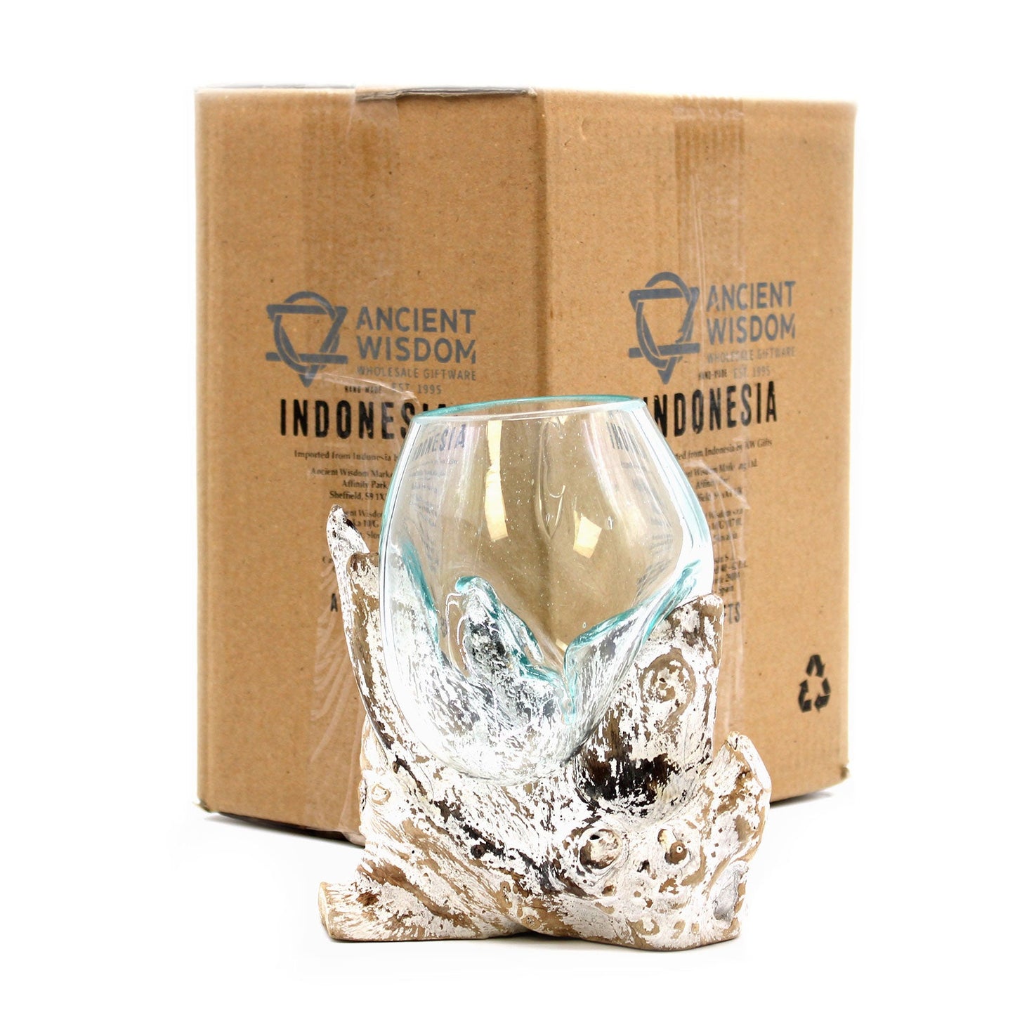 Handmade Molten Recycled Glass Vase on Wood - Medium / Oval / Clear / Light Blue / Whitewash product packaging on clean background from Quintessential Holistic Health Ltd