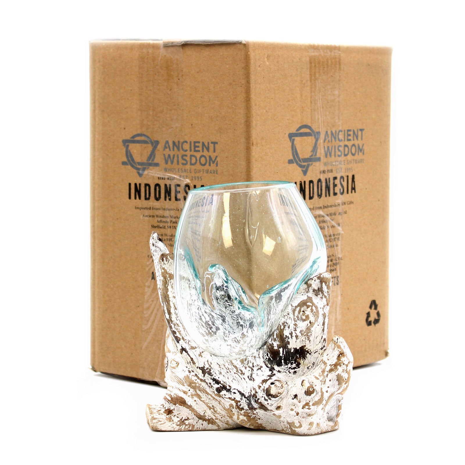 Handmade Molten Recycled Glass Vase on Wood - Medium / Oval / Clear / Light Blue / Whitewash product packaging on clean background from Quintessential Holistic Health Ltd