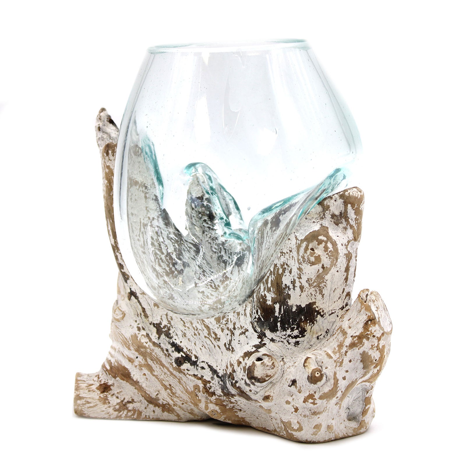 Handmade Molten Recycled Glass Vase on Wood - Medium / Oval / Clear / Light Blue / Whitewash product packaging on clean background from Quintessential Holistic Health Ltd