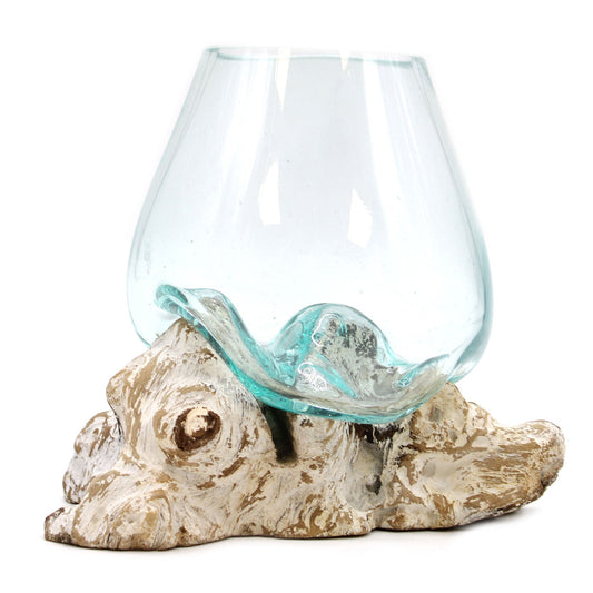 Handmade Molten Recycled Glass Vase on Wood - Large - Oval - Clear and Light Blue and Whitewash - main product image from Quintessential Holistic Health Ltd UK