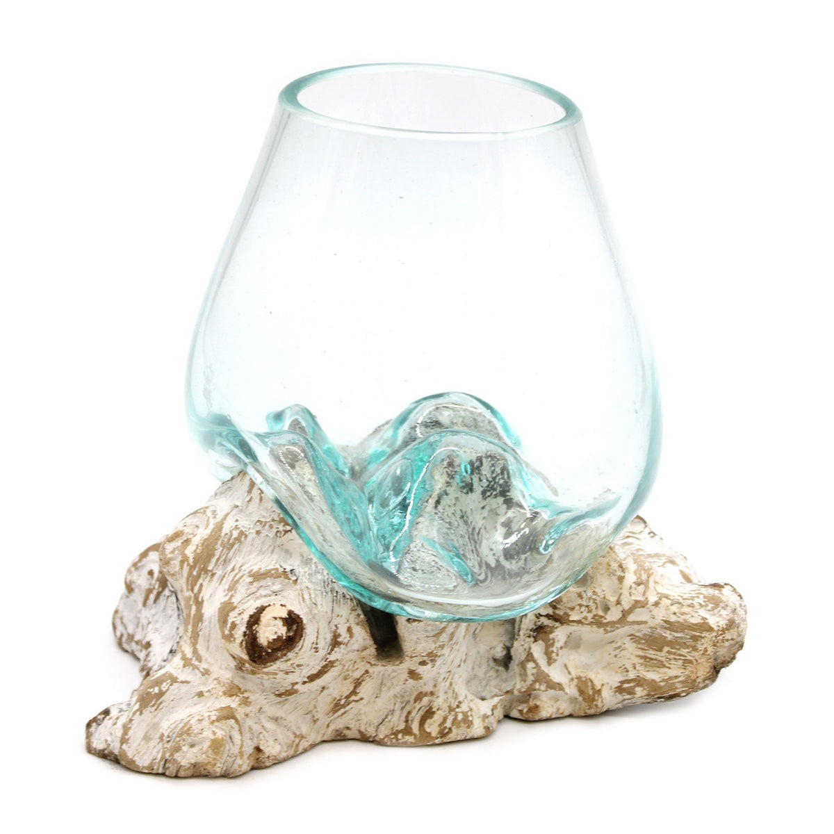 Recycled Glass Vase - Large Oval - Clear/Blue - Whitewash, with a rounded bowl and rippled blue glass over a pale base by Quintessential Holistic Health Ltd