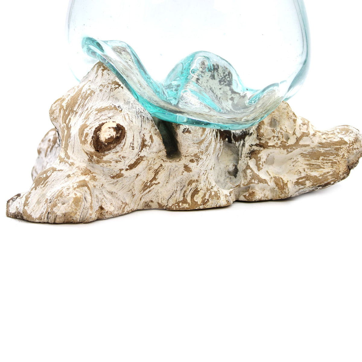 Recycled Glass Vase - Large Oval - Clear/Blue - Whitewash, shown from the side with its wavy glass base over pale wood by Quintessential Holistic Health Ltd