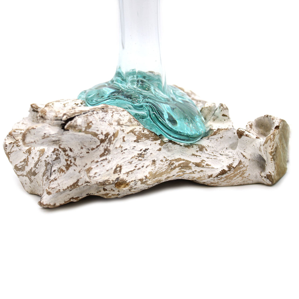Recycled Glass Vase on Wood - Large - Light Blue, shown from the side with a slender clear neck and flowing aqua base by Quintessential Holistic Health Ltd
