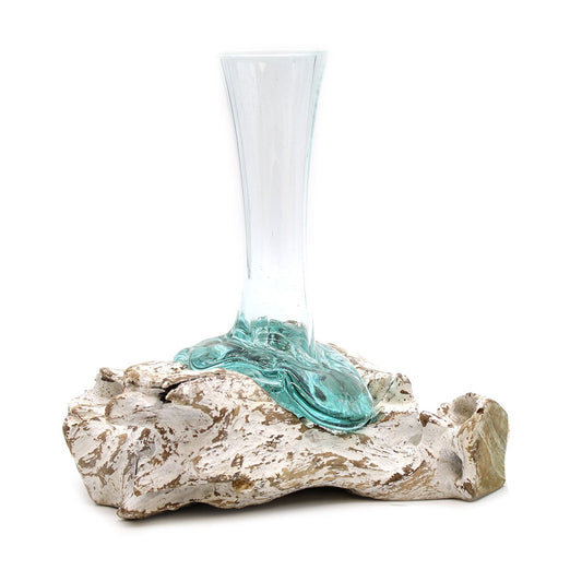 Handmade Molten Recycled Glass Flower Vase on Wood - Large - Clear and Light Blue and Whitewash - main product image from Quintessential Holistic Health Ltd UK