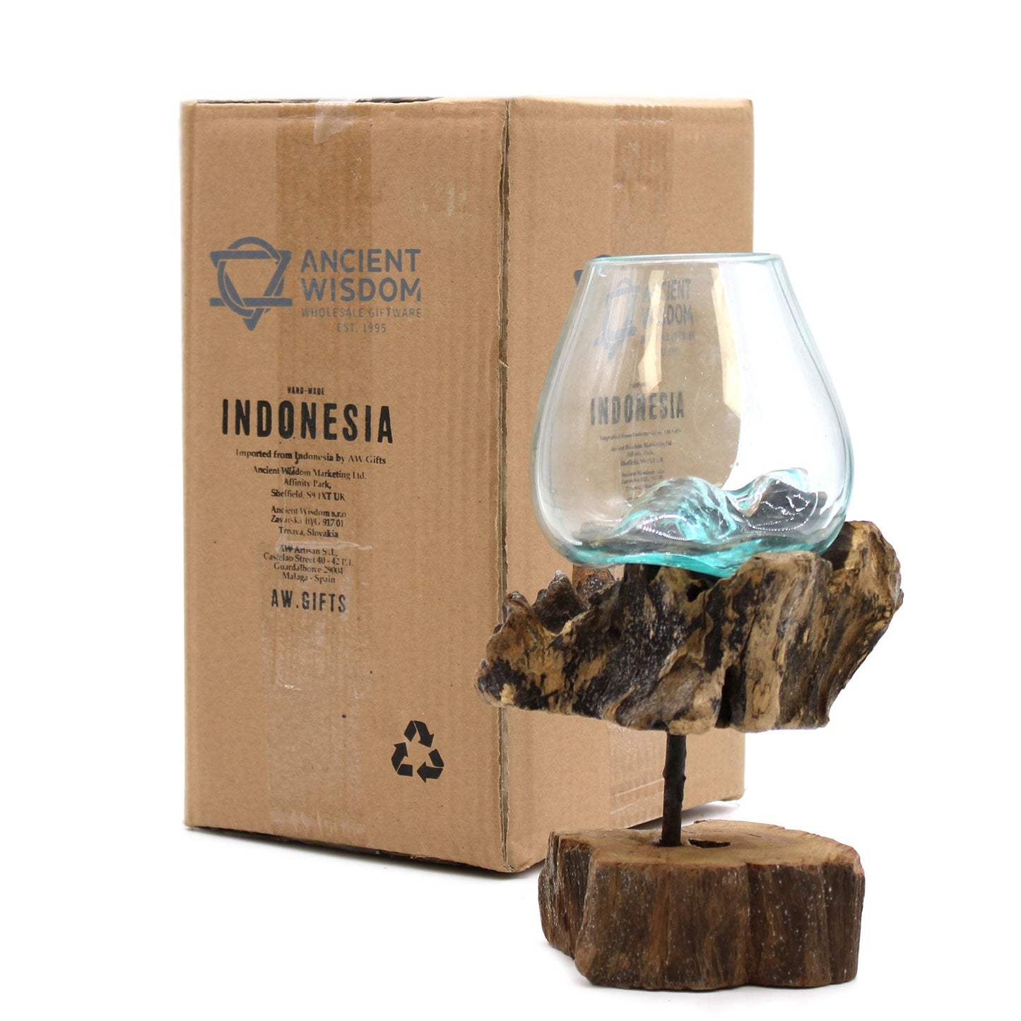 Handmade Molten Recycled Glass Vase on Wood Stand - Medium / Oval / Clear / Light Blue product packaging on clean background from Quintessential Holistic Health Ltd