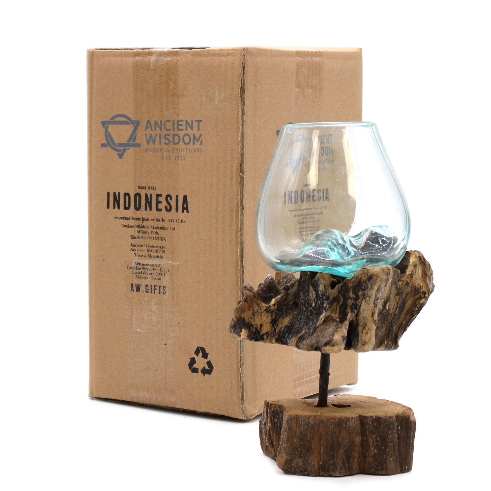 Handmade Molten Recycled Glass Vase on Wood Stand - Medium / Oval / Clear / Light Blue product packaging on clean background from Quintessential Holistic Health Ltd