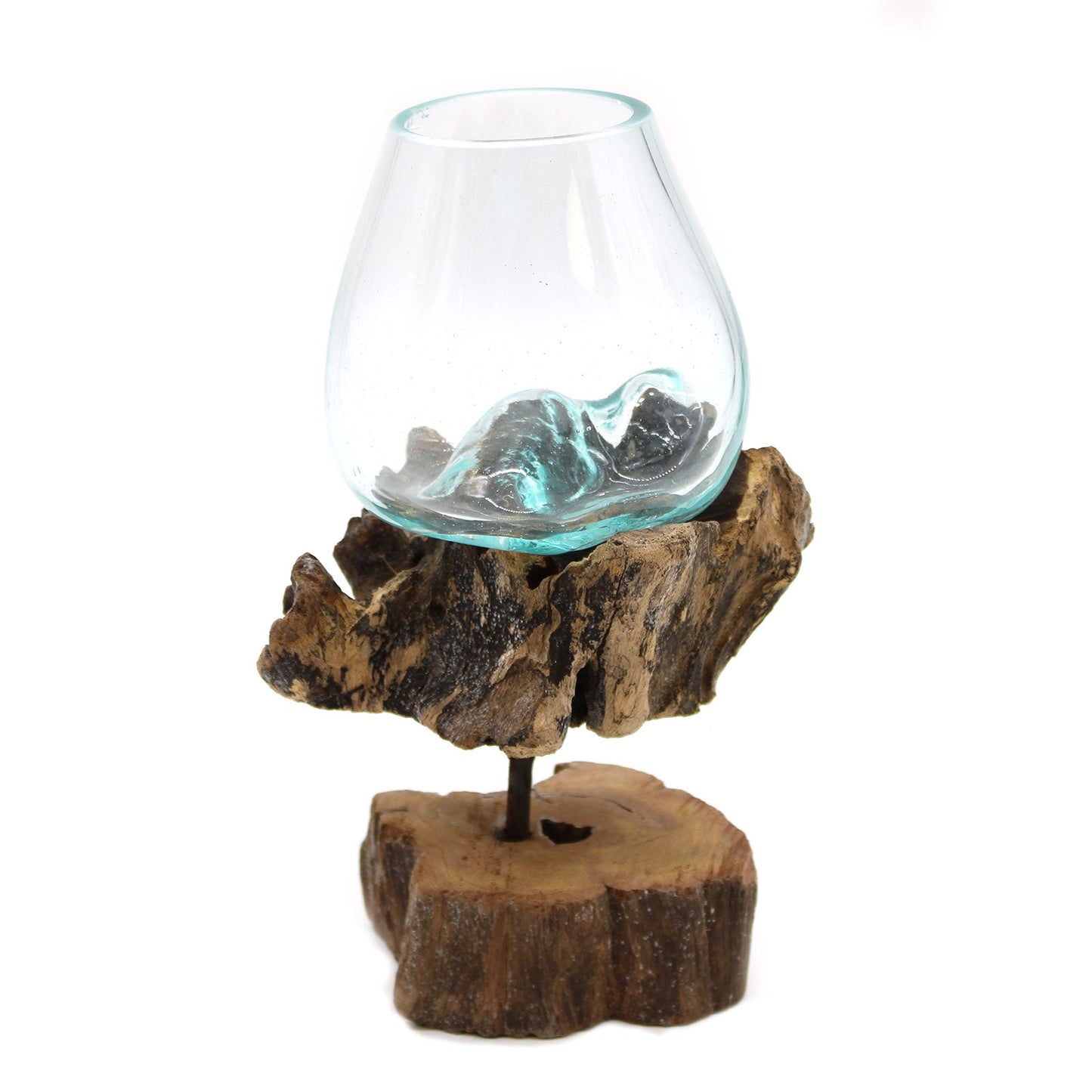 Handmade Molten Recycled Glass Vase on Wood Stand - Medium / Oval / Clear / Light Blue product packaging on clean background from Quintessential Holistic Health Ltd