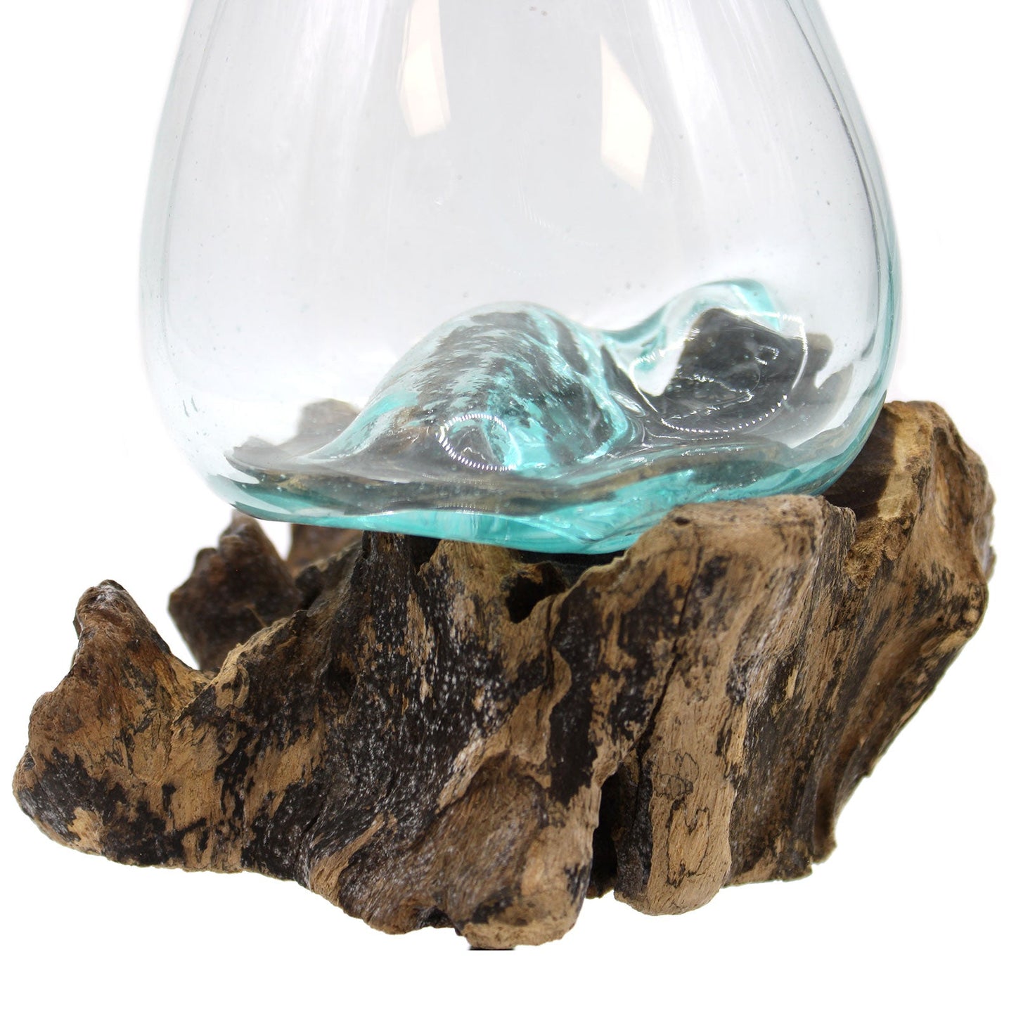 Handmade Molten Recycled Glass Vase on Wood Stand - Medium / Oval / Clear / Light Blue product packaging on clean background from Quintessential Holistic Health Ltd