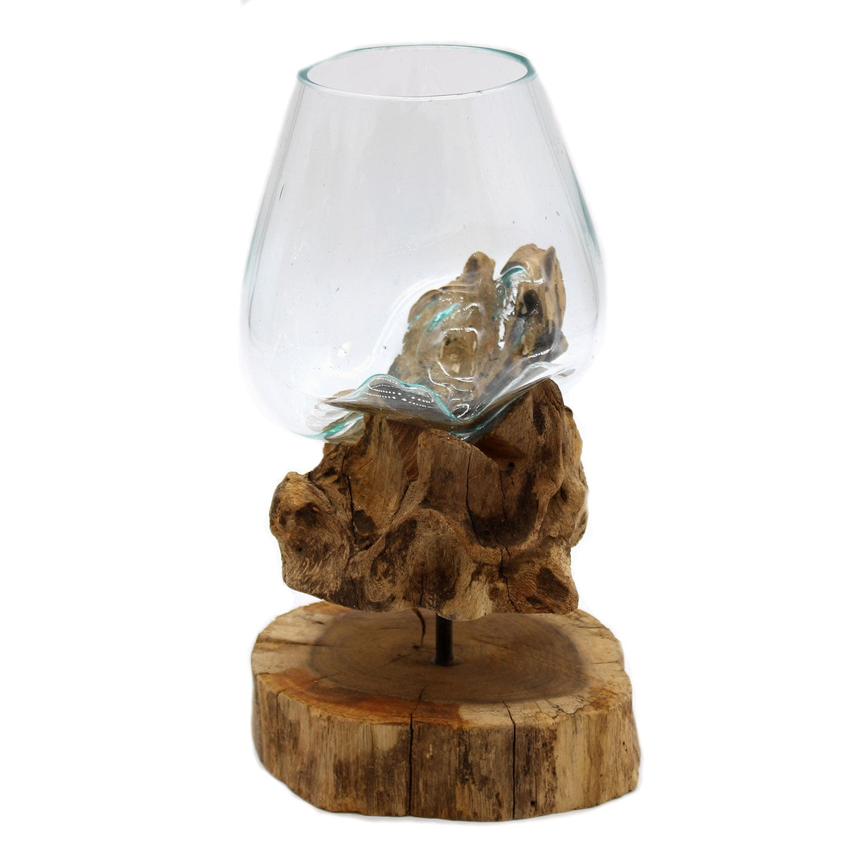 Recycled Glass Vase on Wood - Large Oval - Clear/Light Blue with an asymmetric bowl raised above a circular wood base by Quintessential Holistic Health Ltd