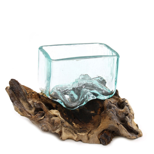 Handmade Molten Recycled Glass Vase on Wood - Small - Rectangular - Clear and Light Blue - main product image from Quintessential Holistic Health Ltd UK