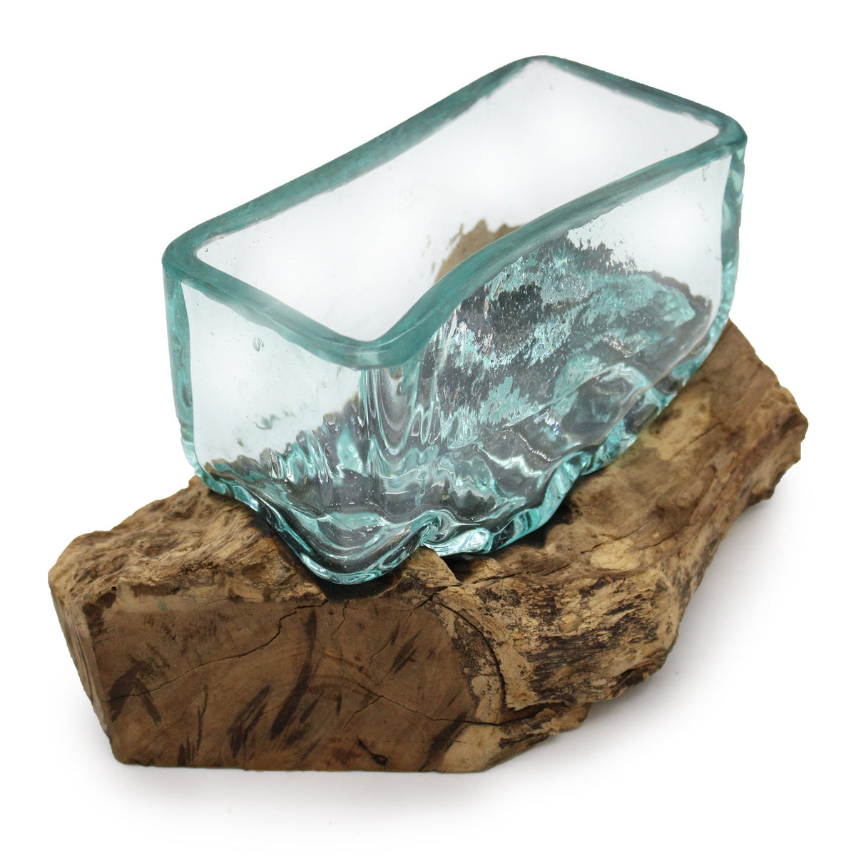 Recycled Glass Vase on Wood - Rectangular - Light Blue with rounded corners and a rippled lower edge over a chunky wood base by Quintessential Holistic Health Ltd