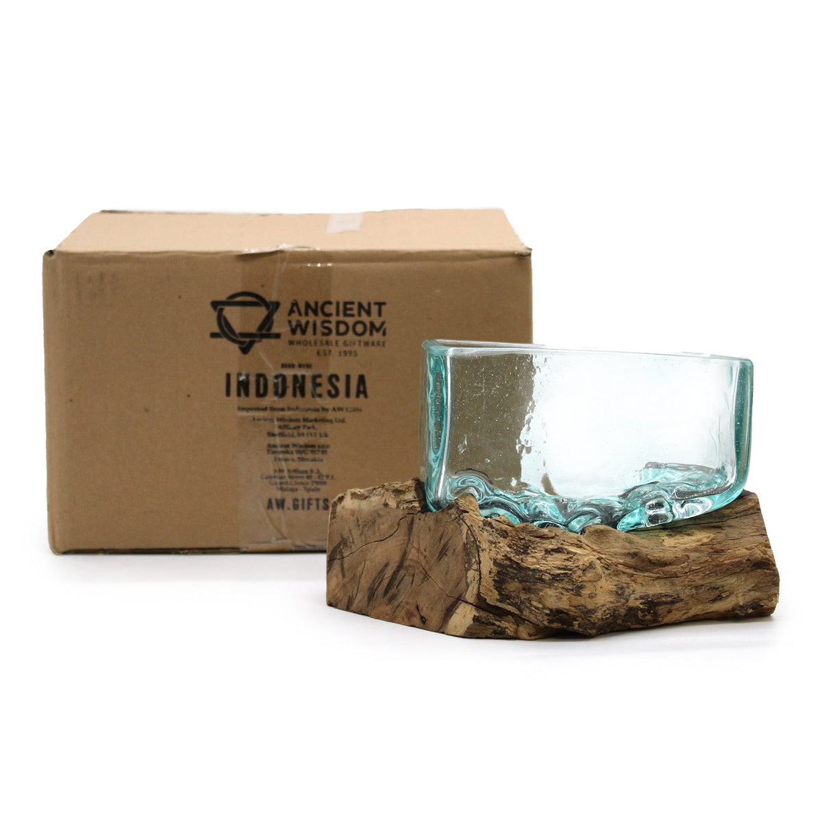 Recycled Glass Vase on Wood - Rectangular - Light Blue with a low square-edged vessel fitted over an irregular wood base by Quintessential Holistic Health Ltd