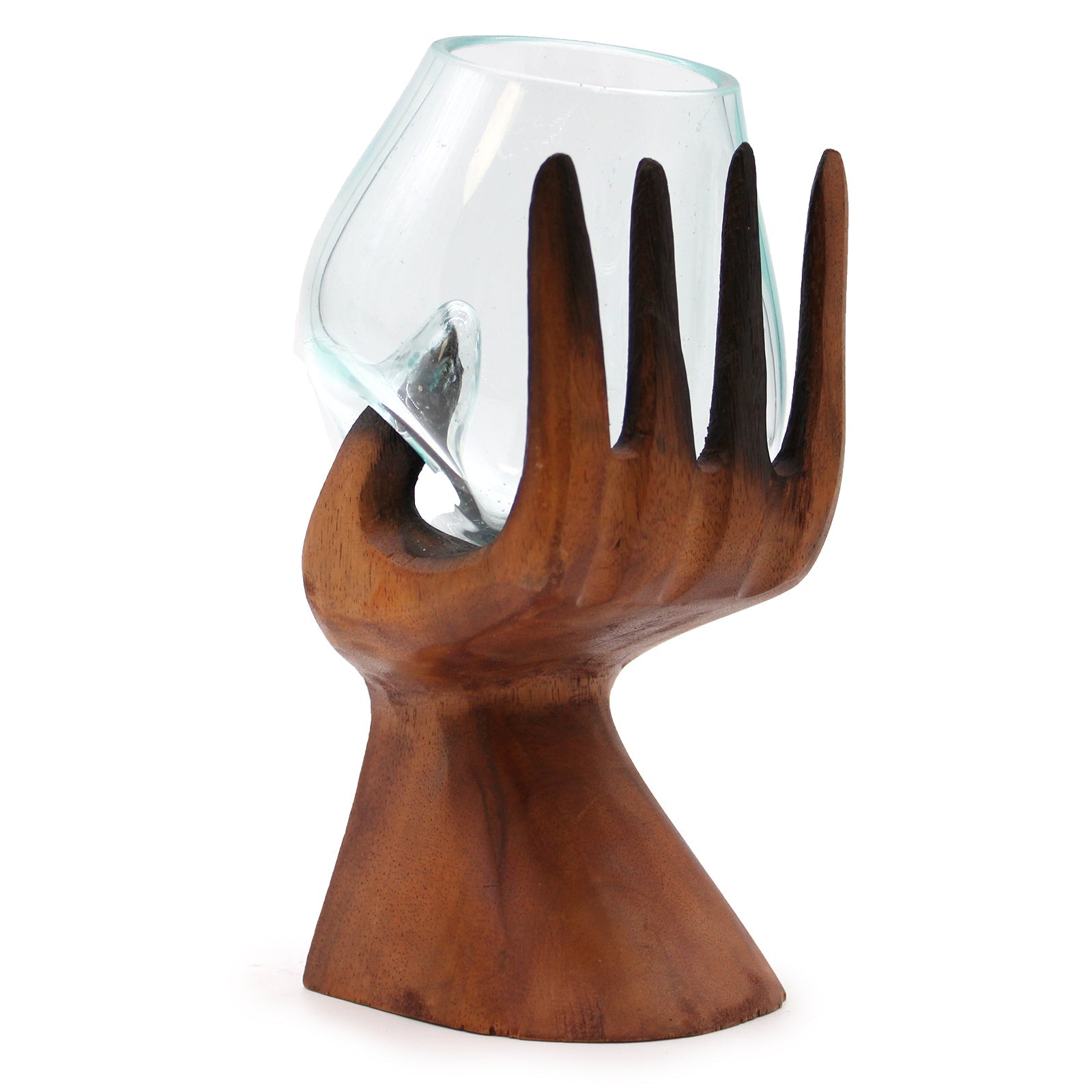 Recycled Glass Vase on Wood - Oval - Light Blue, with a clear irregular glass bowl resting between raised carved wooden fingers, by Quintessential Holistic Health Ltd