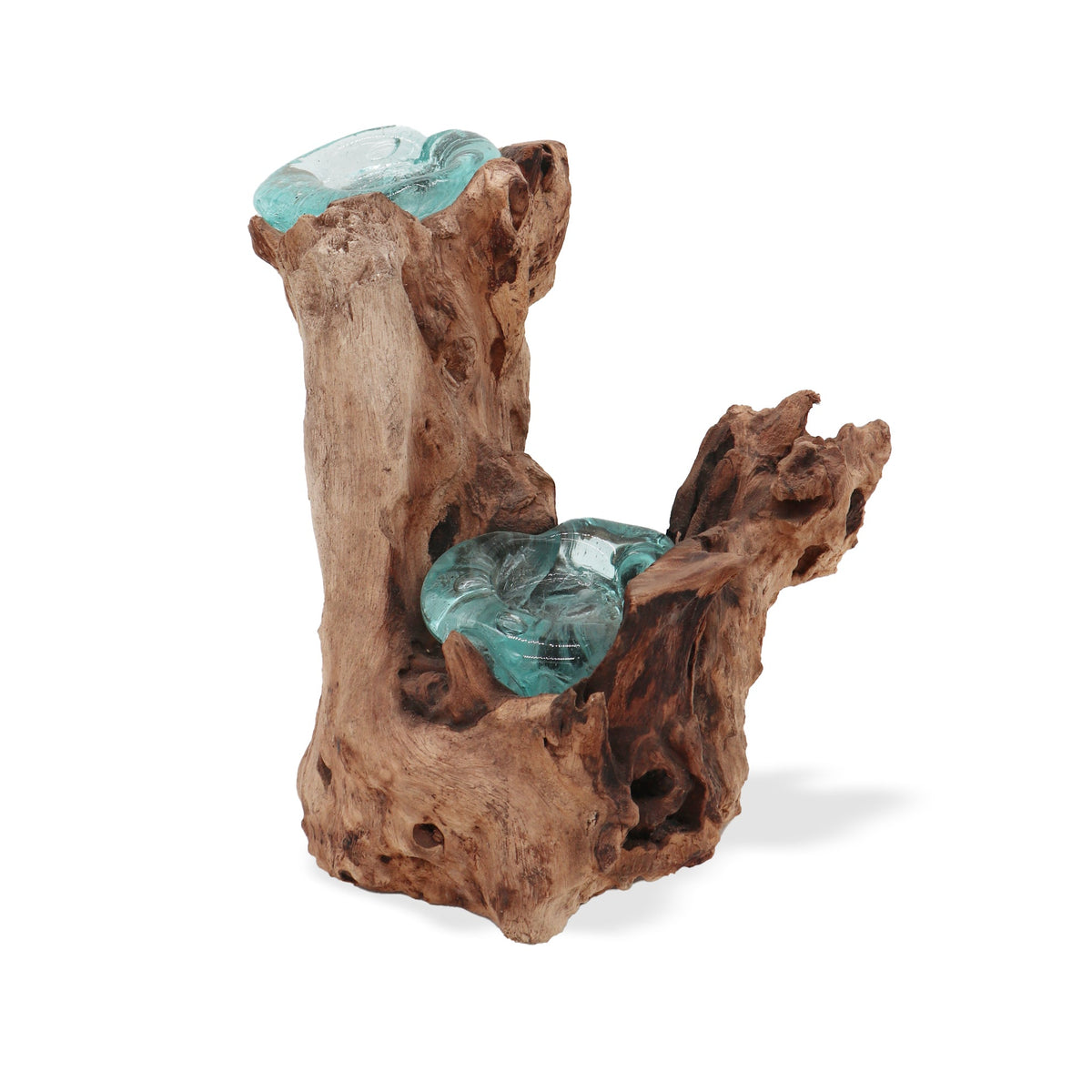 Recycled Glass/Wood Candle Holder - Double Round - Clear/Light Blue with two small rippled cups nestled in pale branching wood by Quintessential Holistic Health Ltd