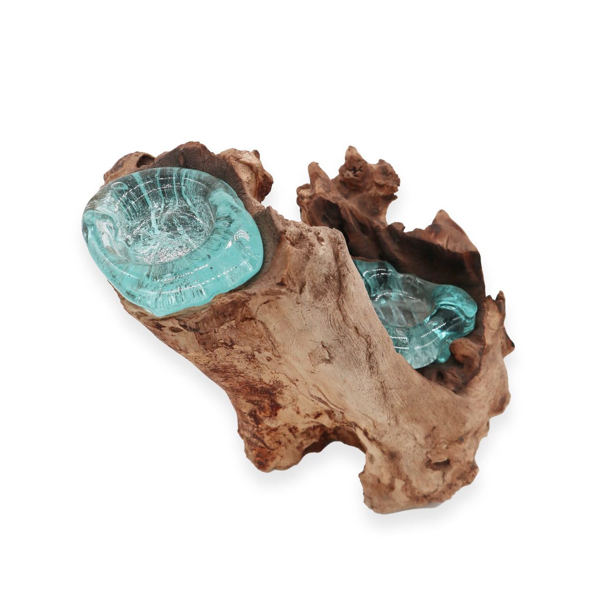 Recycled Glass/Wood Candle Holder - Double Round - Clear/Light Blue with two round cups set into a low twisted wood form by Quintessential Holistic Health Ltd