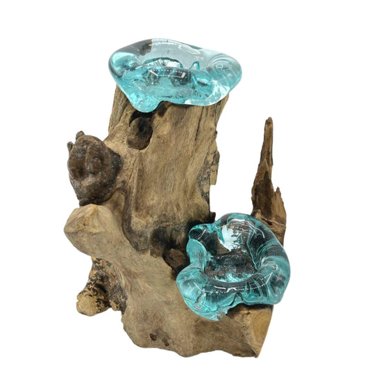 Handmade Molten Recycled Glass Candle Holder on Wood - Double - Round - Clear and Light Blue - main product image from Quintessential Holistic Health Ltd UK