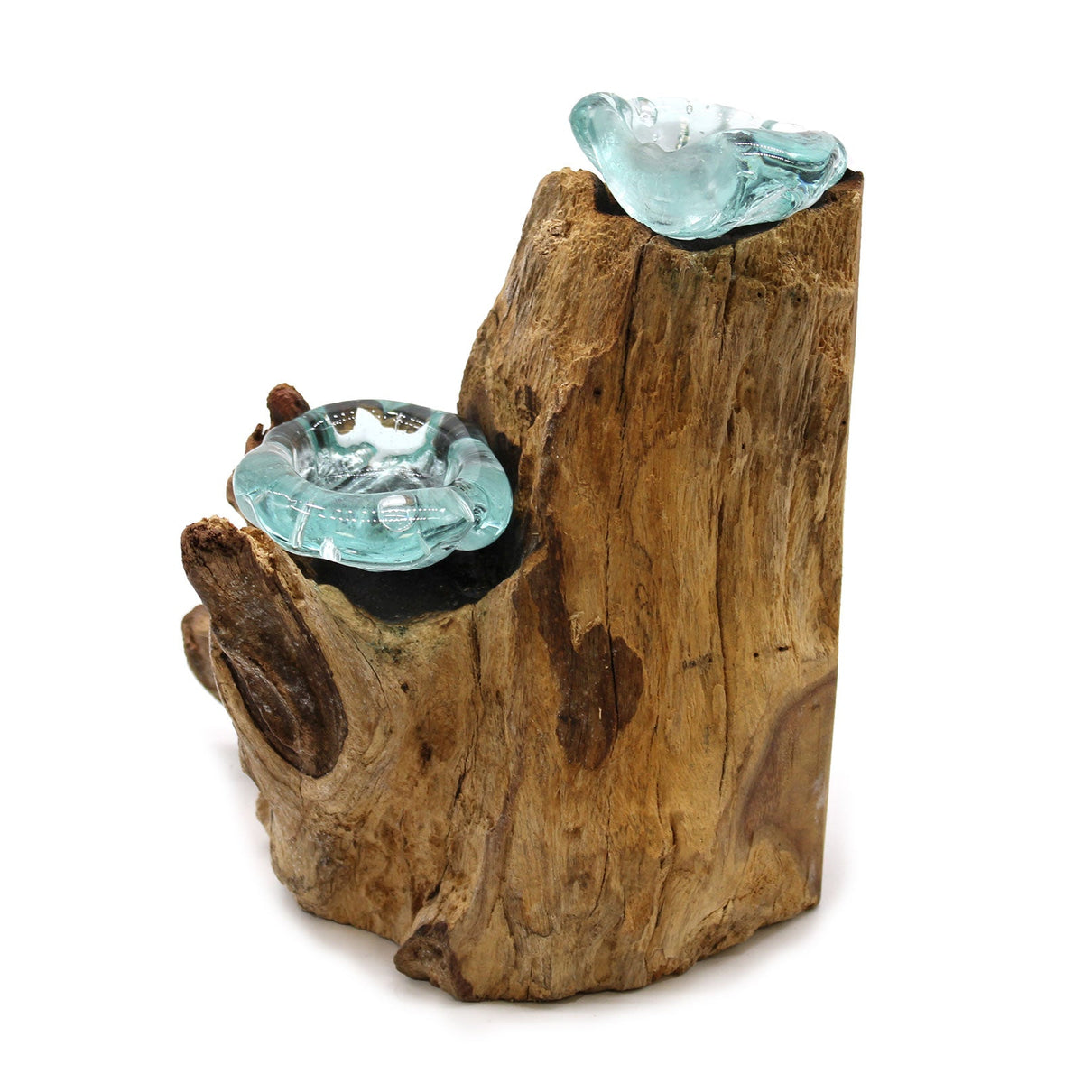Recycled Glass/Wood Candle Holder - Double Round - Clear/Light Blue with two scalloped cups set at different heights in a tall wood form by Quintessential Holistic Health Ltd