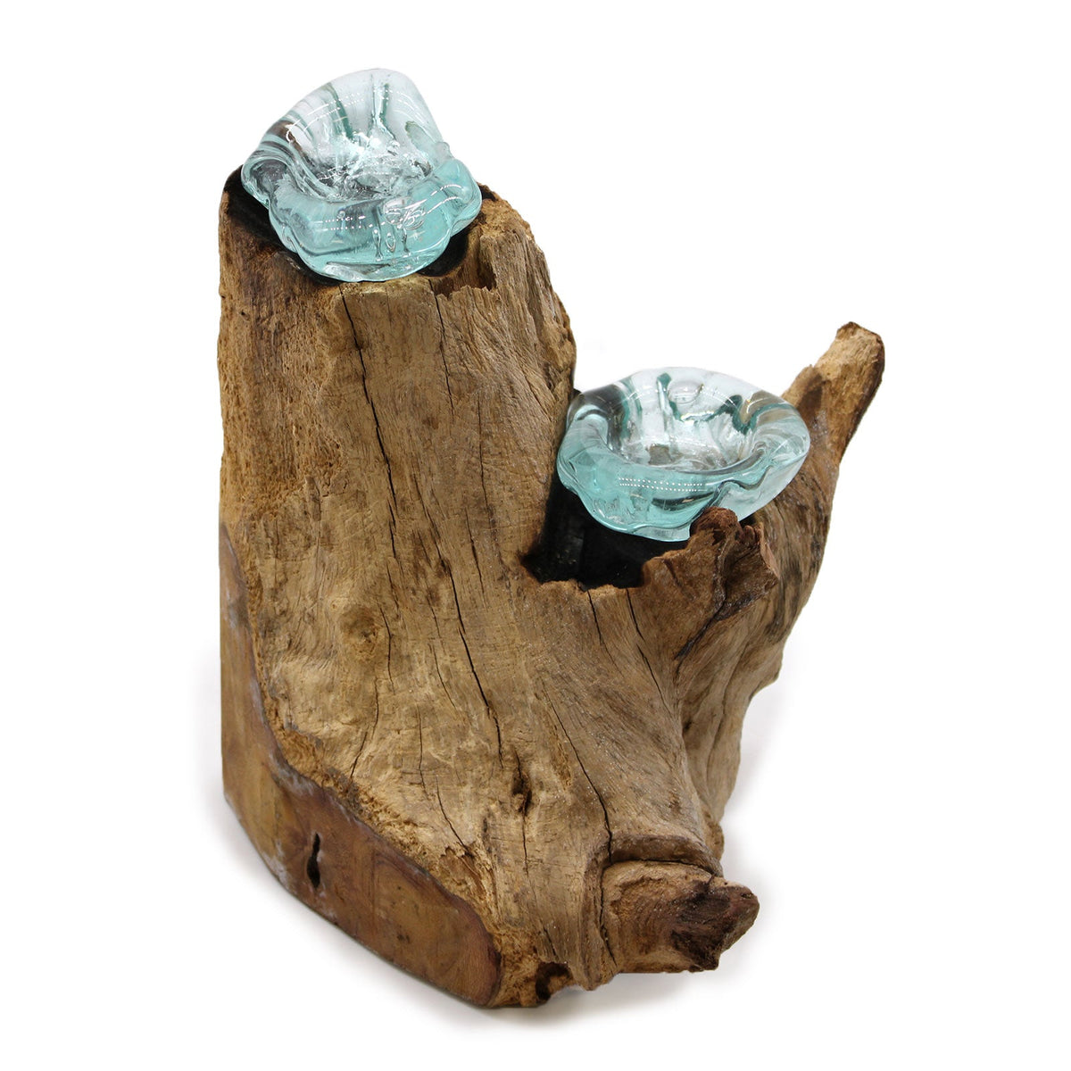 Recycled Glass/Wood Candle Holder - Double Round - Clear/Light Blue with two rippled cups on the upper and side branches of upright wood by Quintessential Holistic Health Ltd