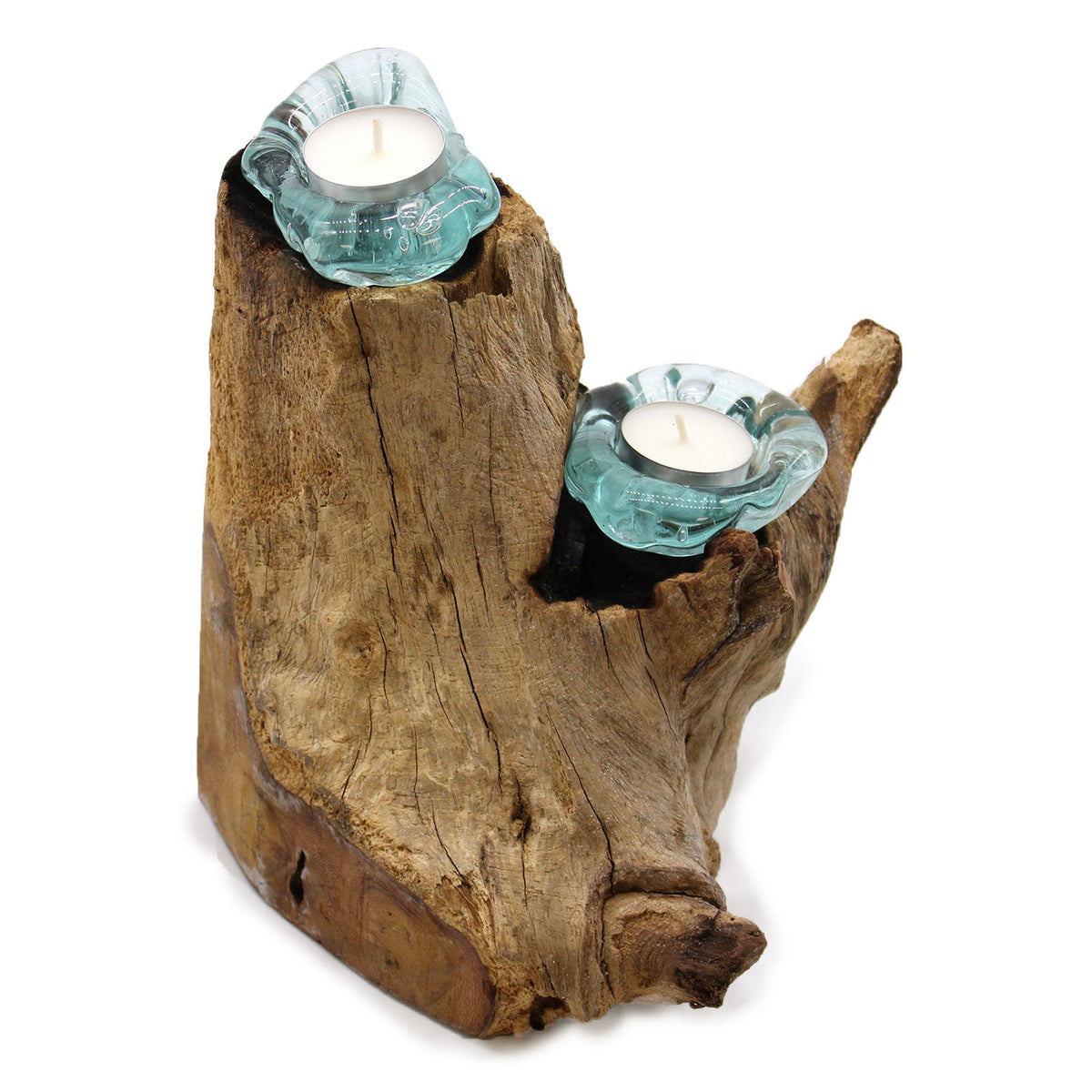 Recycled Glass/Wood Candle Holder - Double Round - Clear/Light Blue with two white tealights in fluted cups on branching wood by Quintessential Holistic Health Ltd